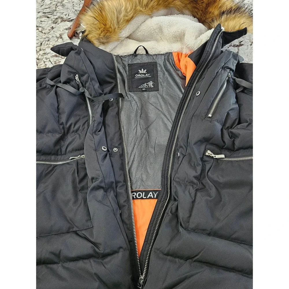 Orolay Ski Lodge Expandable 3XL Black Thickened Down Jacket Faux Fur Hood